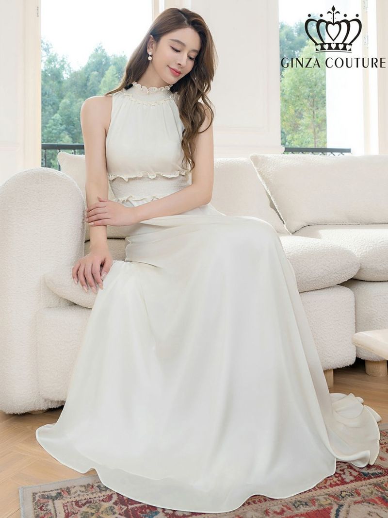 ERUKEI エルケイ ホワイト シンプル・ワンカラー・ハイネック・首元フリル・シンプル・ウエストマーク・マキシ・ノースリーブ・Aライン・ロングドレス ek-c22165-9