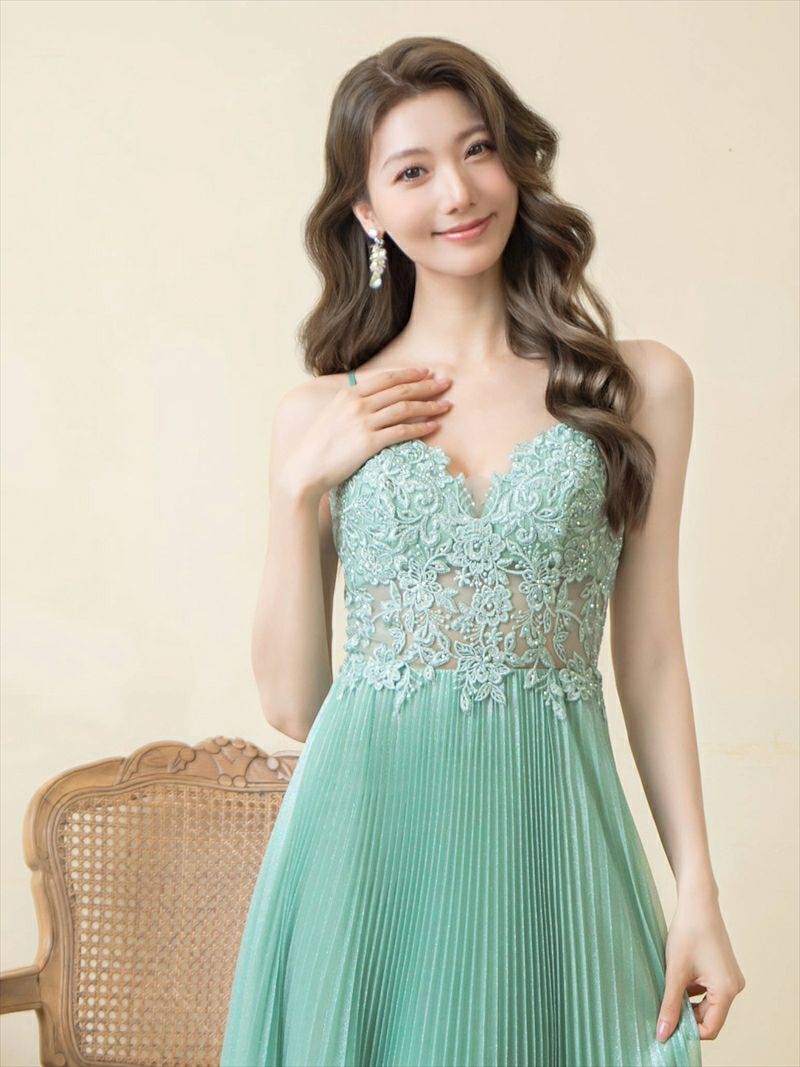 ERUKEI エルケイ キャミソール・プリーツ・レース・ビーズ・シアー・エレガント・ロングドレス ek-s35103