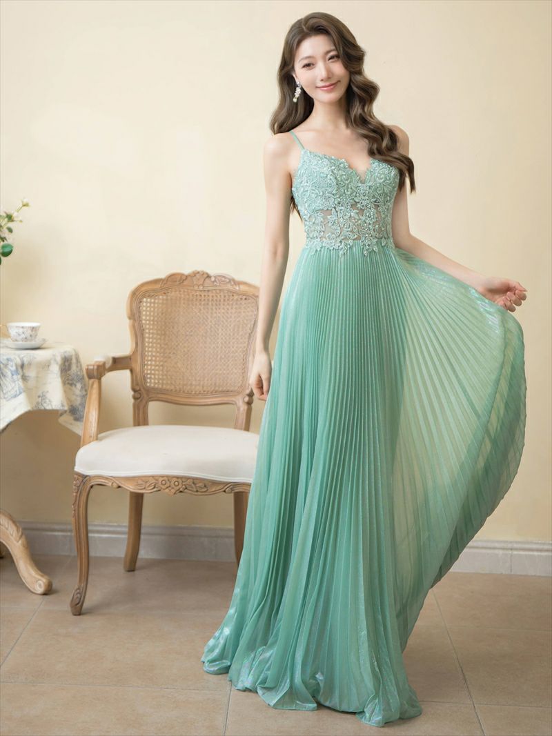 ERUKEI エルケイ キャミソール・プリーツ・レース・ビーズ・シアー・エレガント・ロングドレス ek-s35103