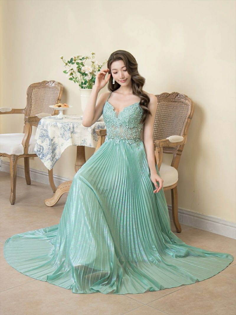 ERUKEI エルケイ キャミソール・プリーツ・レース・ビーズ・シアー・エレガント・ロングドレス ek-s35103