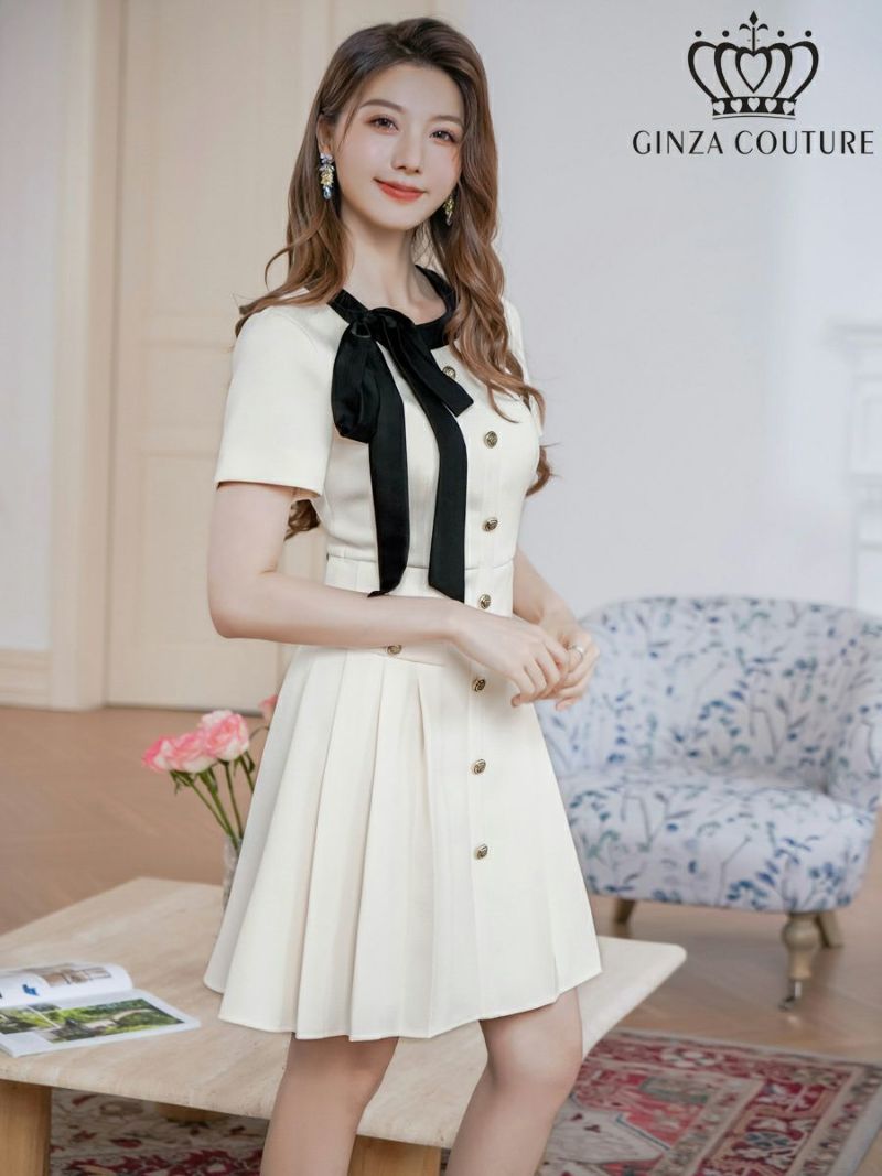 ERUKEI エルケイ バイカラー・半袖・リボン・ボタン・プリーツ・Aライン・ミニドレス・ワンピース ek-c24182