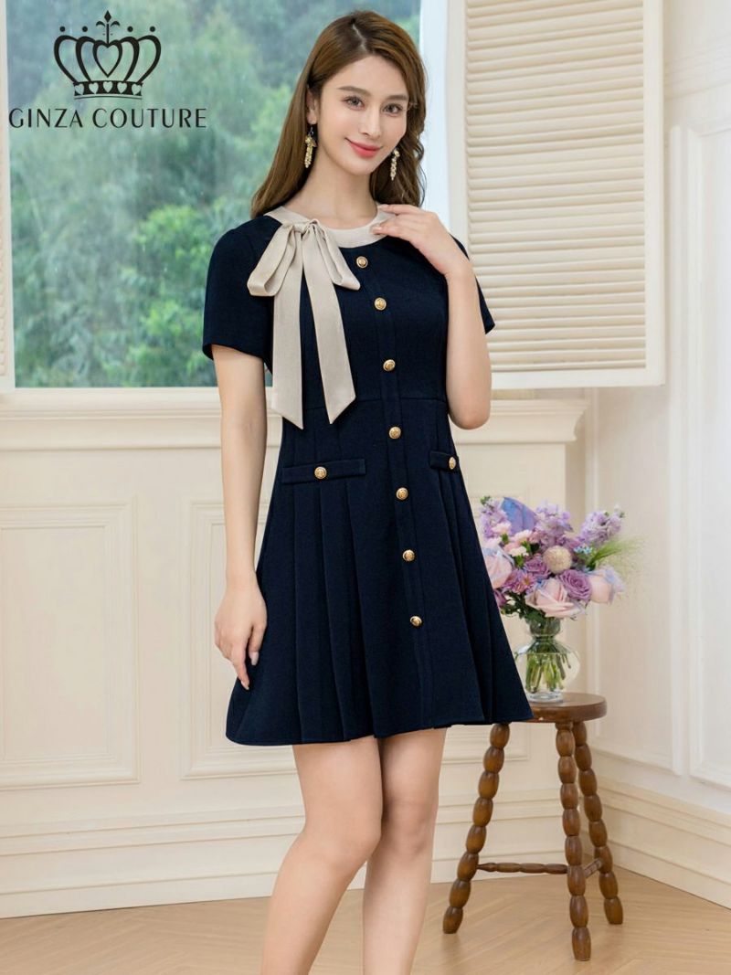 ERUKEI エルケイ バイカラー・半袖・リボン・ボタン・プリーツ・Aライン・ミニドレス・ワンピース ek-c24182