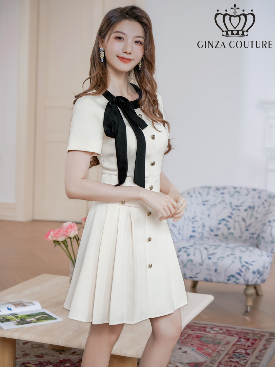 ERUKEI エルケイ バイカラー・半袖・リボン・ボタン・プリーツ・Aライン・ミニドレス・ワンピース ek-c24182