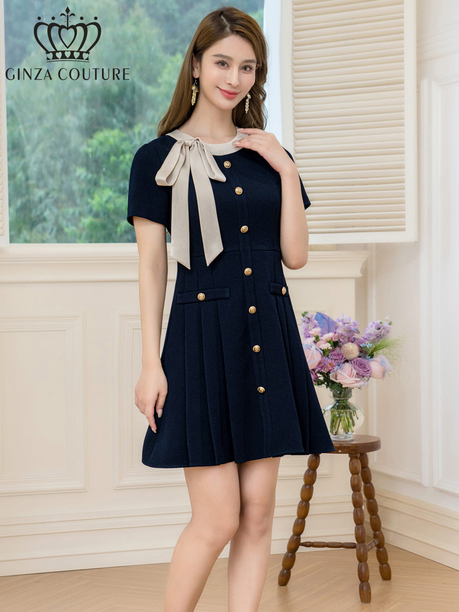 ERUKEI エルケイ バイカラー・半袖・リボン・ボタン・プリーツ・Aライン・ミニドレス・ワンピース ek-c24182