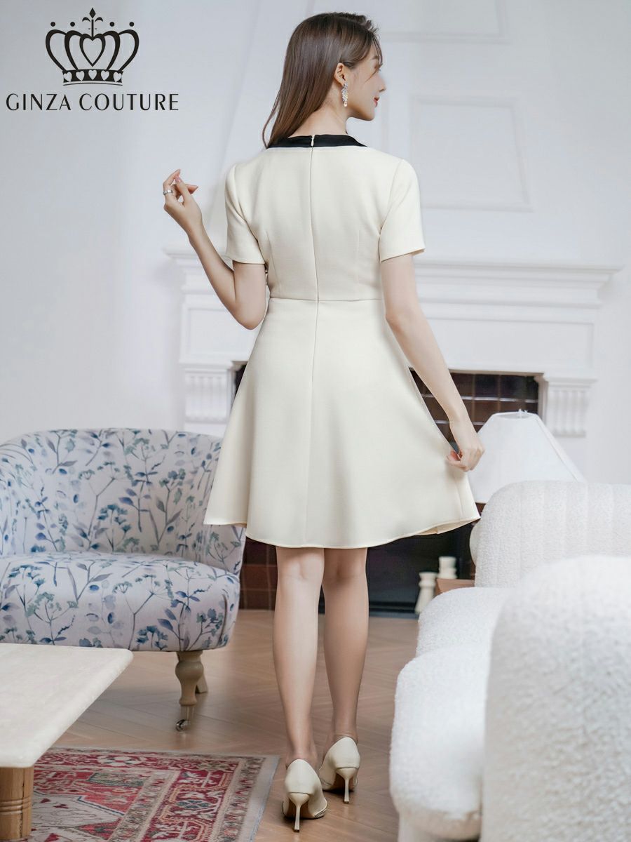 ERUKEI エルケイ バイカラー・半袖・リボン・ボタン・プリーツ・Aライン・ミニドレス・ワンピース ek-c24182