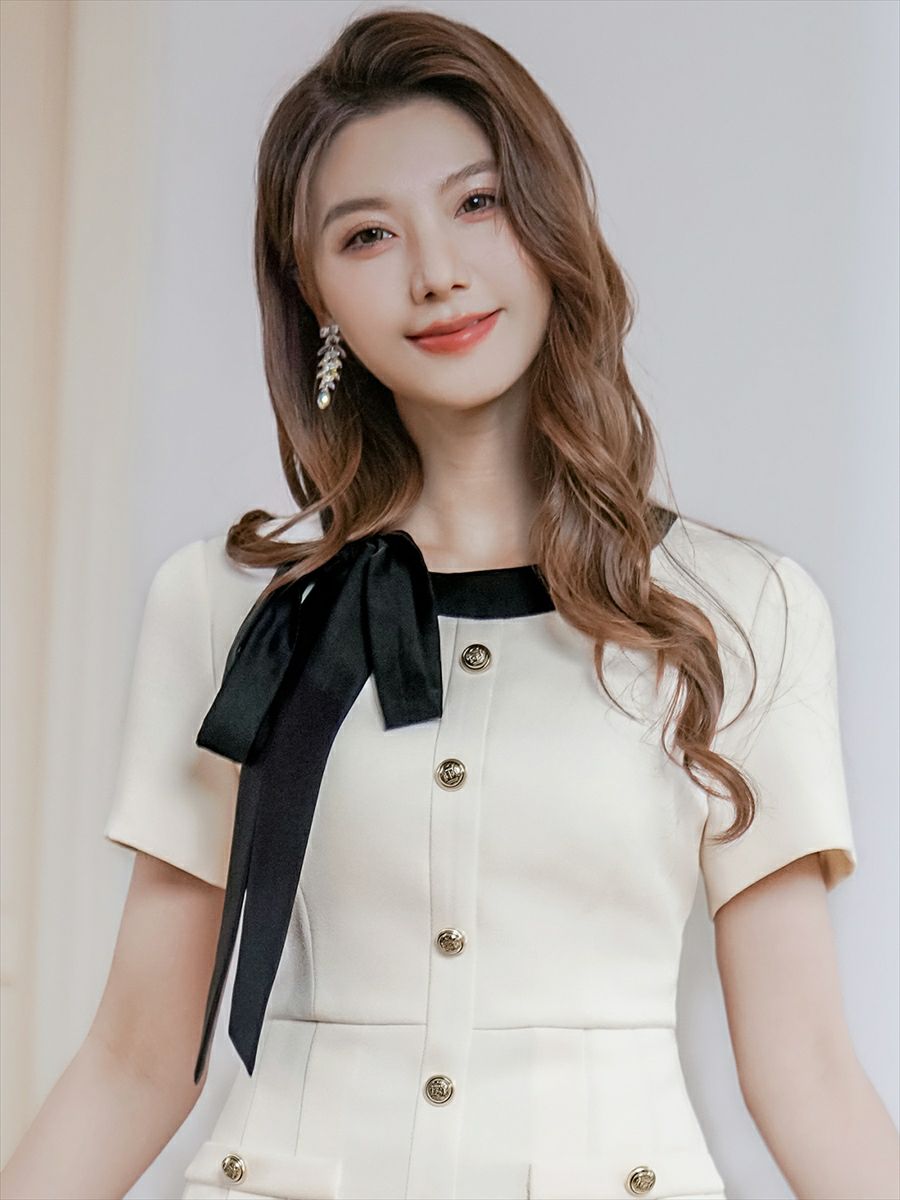 ERUKEI エルケイ バイカラー・半袖・リボン・ボタン・プリーツ・Aライン・ミニドレス・ワンピース ek-c24182