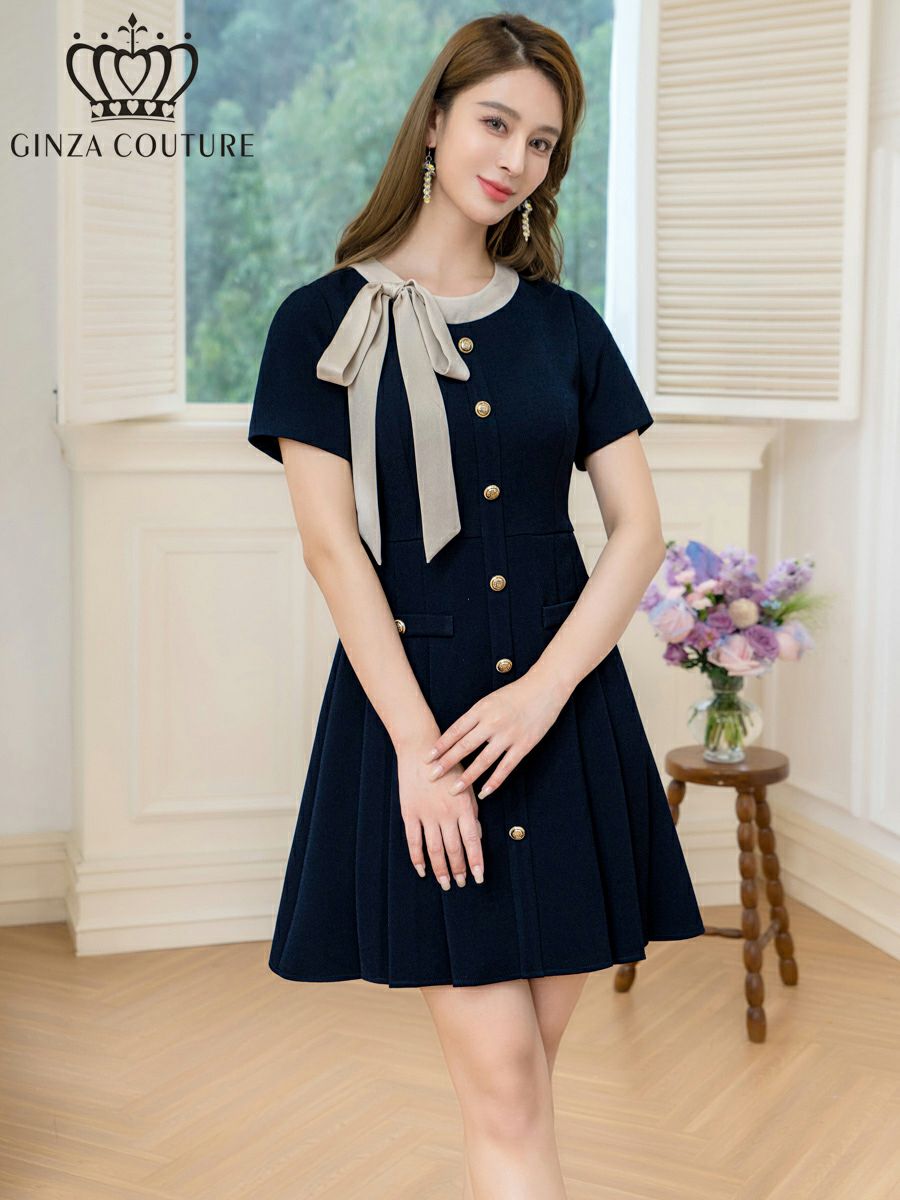 ERUKEI エルケイ バイカラー・半袖・リボン・ボタン・プリーツ・Aライン・ミニドレス・ワンピース ek-c24182