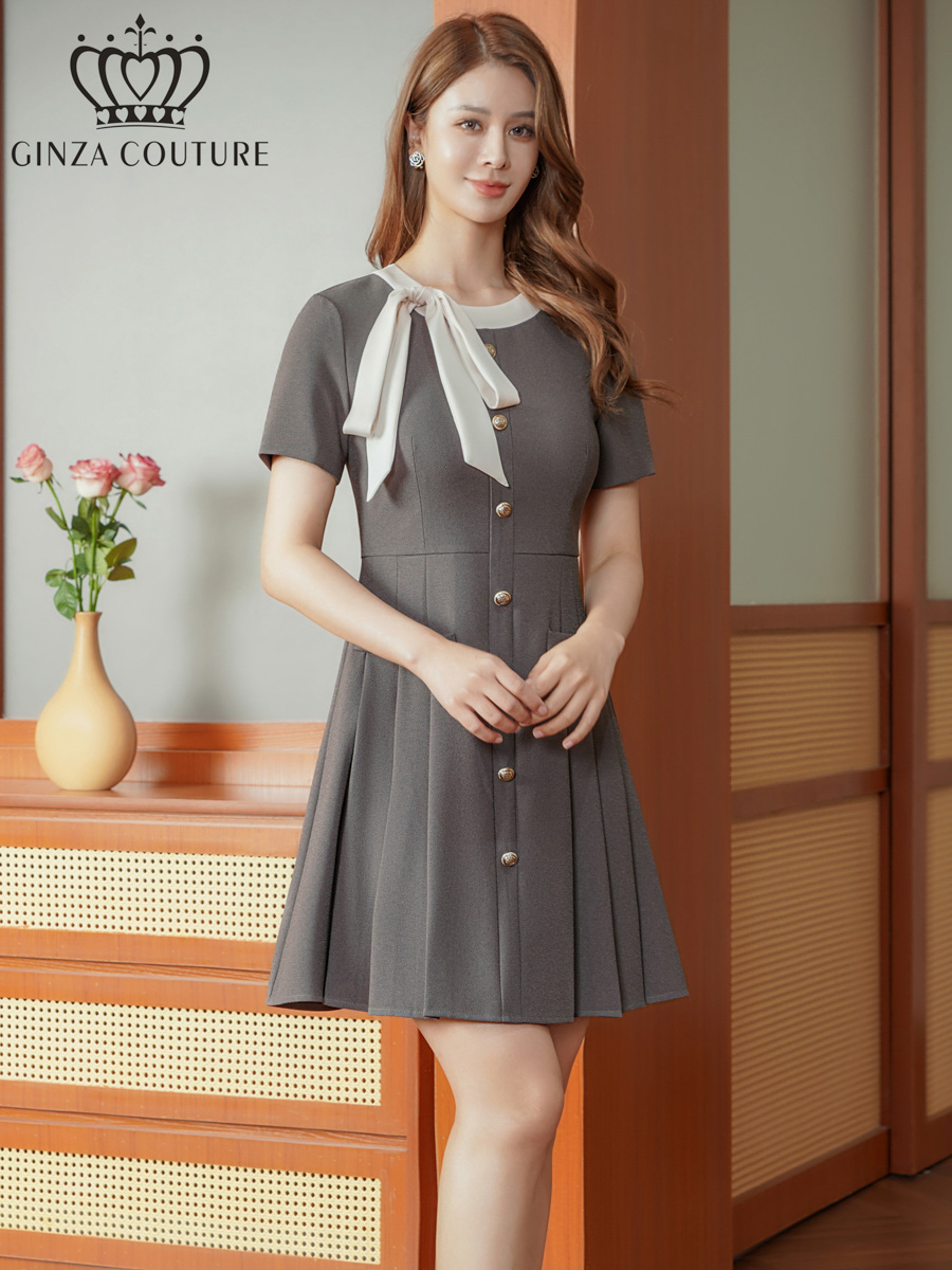 ERUKEI エルケイ バイカラー・半袖・リボン・ボタン・プリーツ・Aライン・ミニドレス・ワンピース ek-c24182