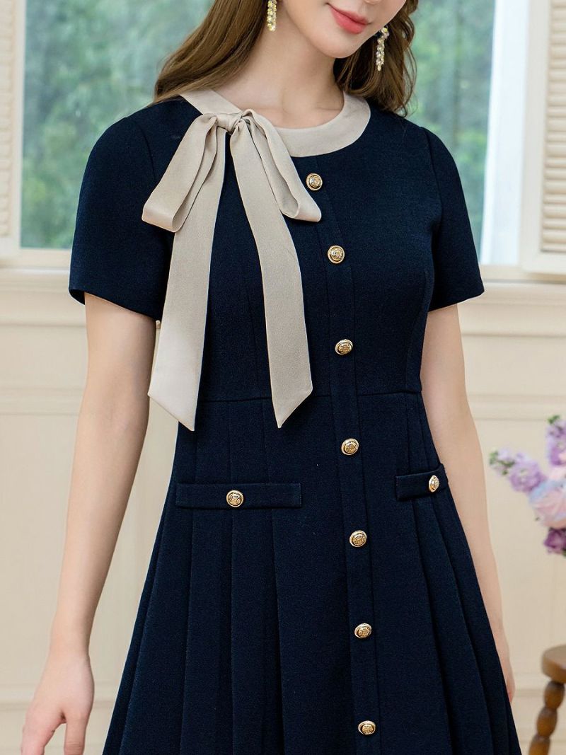 ERUKEI エルケイ バイカラー・半袖・リボン・ボタン・プリーツ・Aライン・ミニドレス・ワンピース ek-c24182