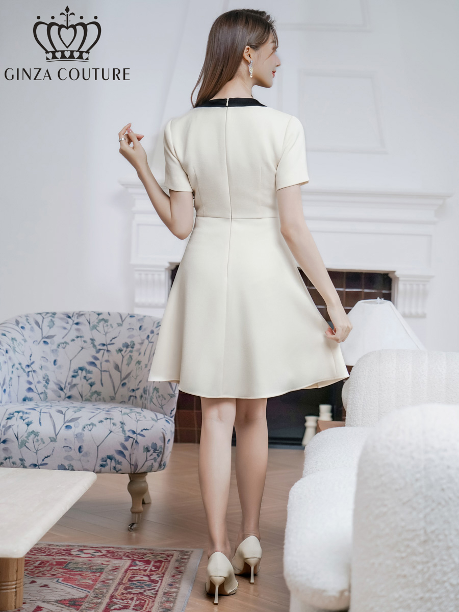 ERUKEI エルケイ バイカラー・半袖・リボン・ボタン・プリーツ・Aライン・ミニドレス・ワンピース ek-c24182