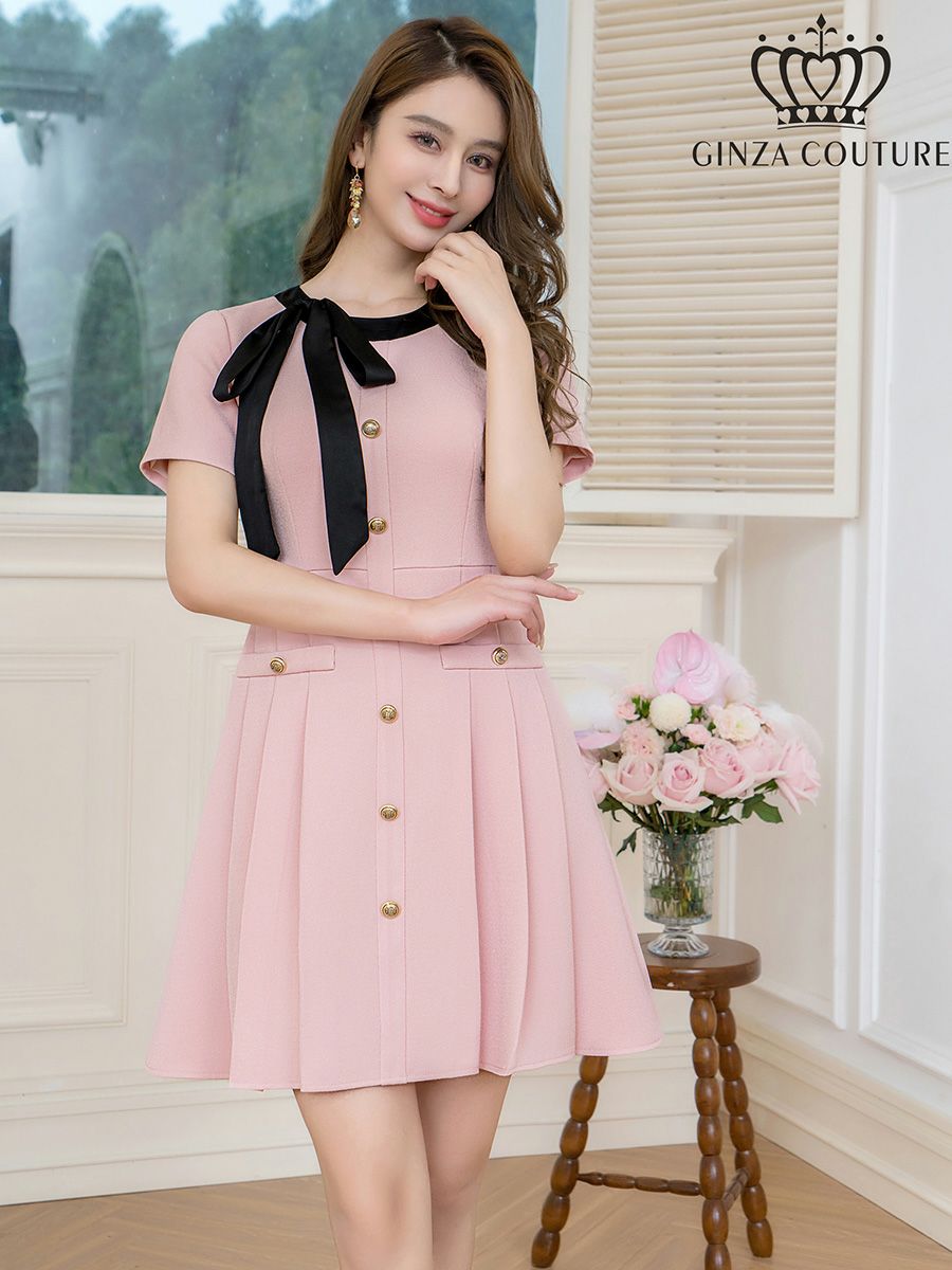 ERUKEI エルケイ バイカラー・半袖・リボン・ボタン・プリーツ・Aライン・ミニドレス・ワンピース ek-c24182