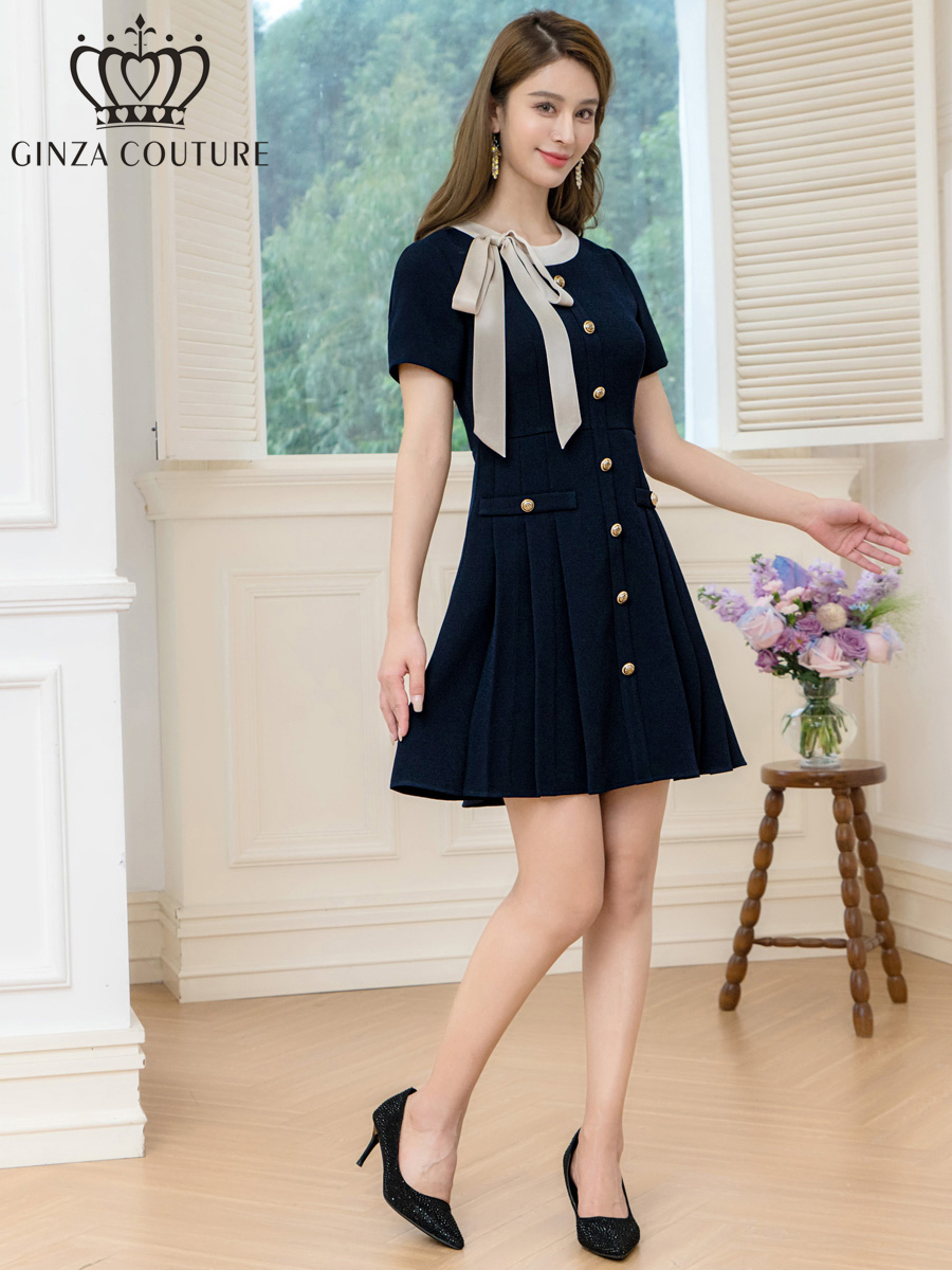 ERUKEI エルケイ バイカラー・半袖・リボン・ボタン・プリーツ・Aライン・ミニドレス・ワンピース ek-c24182