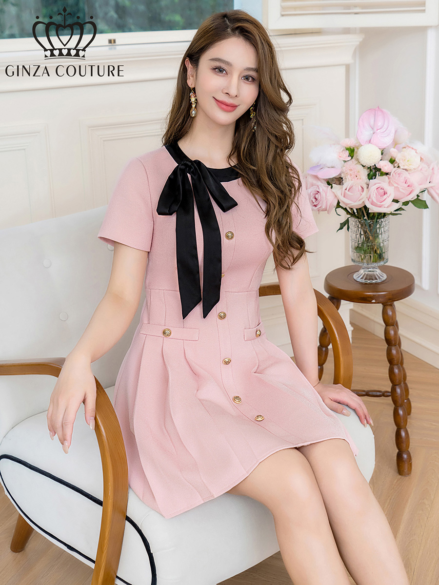 ERUKEI エルケイ バイカラー・半袖・リボン・ボタン・プリーツ・Aライン・ミニドレス・ワンピース ek-c24182