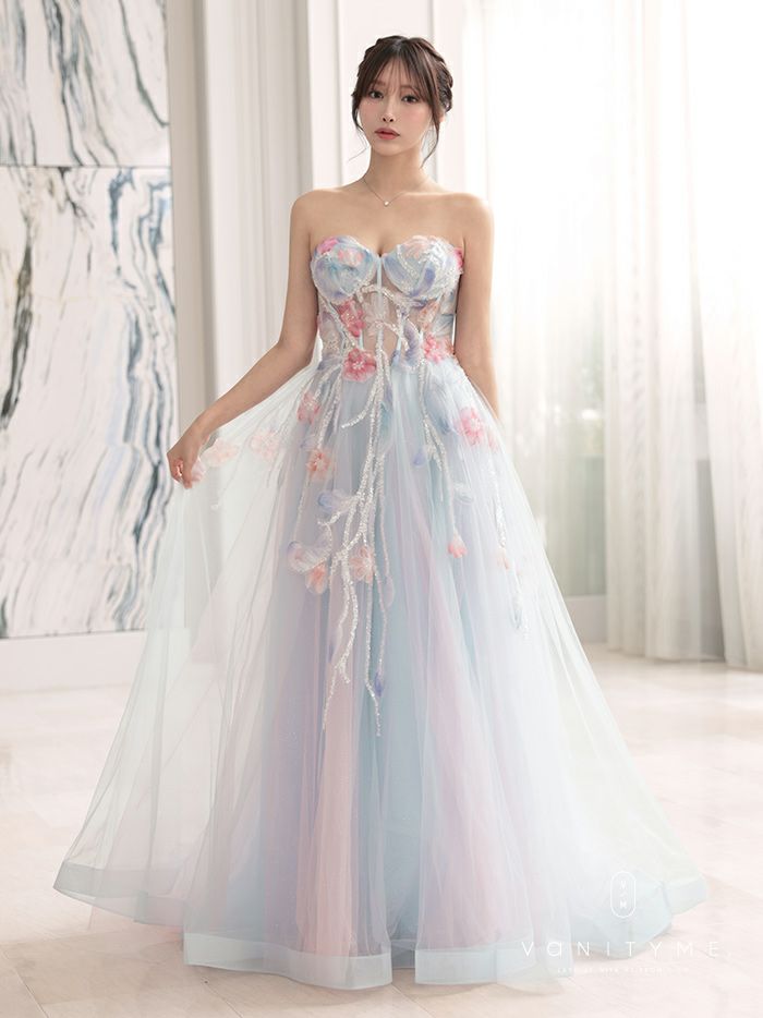 vanityME.couture. バニティミークチュール water color flower ウォーターカラーフラワー 花柄 チュール プリンセス 姫 ロングドレス バースデードレス ライトブルー vctr-l-a1383-1