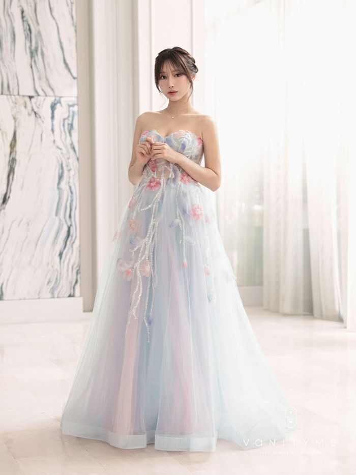 vanityME.couture. バニティミークチュール water color flower ウォーターカラーフラワー 花柄 チュール プリンセス 姫 ロングドレス バースデードレス ライトブルー vctr-l-a1383-1