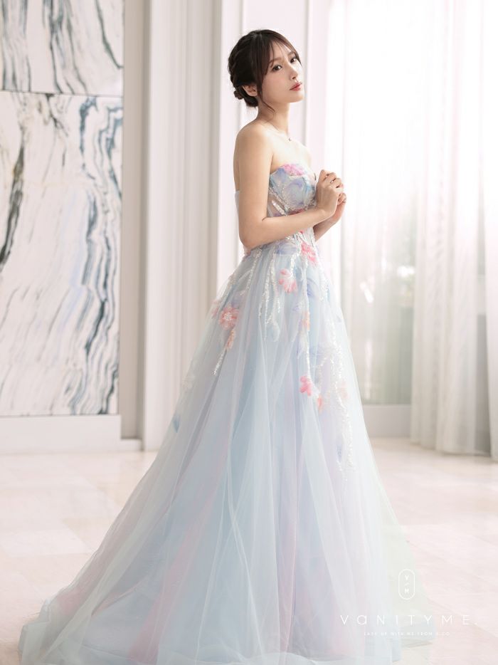 vanityME.couture. バニティミークチュール water color flower ウォーターカラーフラワー 花柄 チュール プリンセス 姫 ロングドレス バースデードレス ライトブルー vctr-l-a1383-1