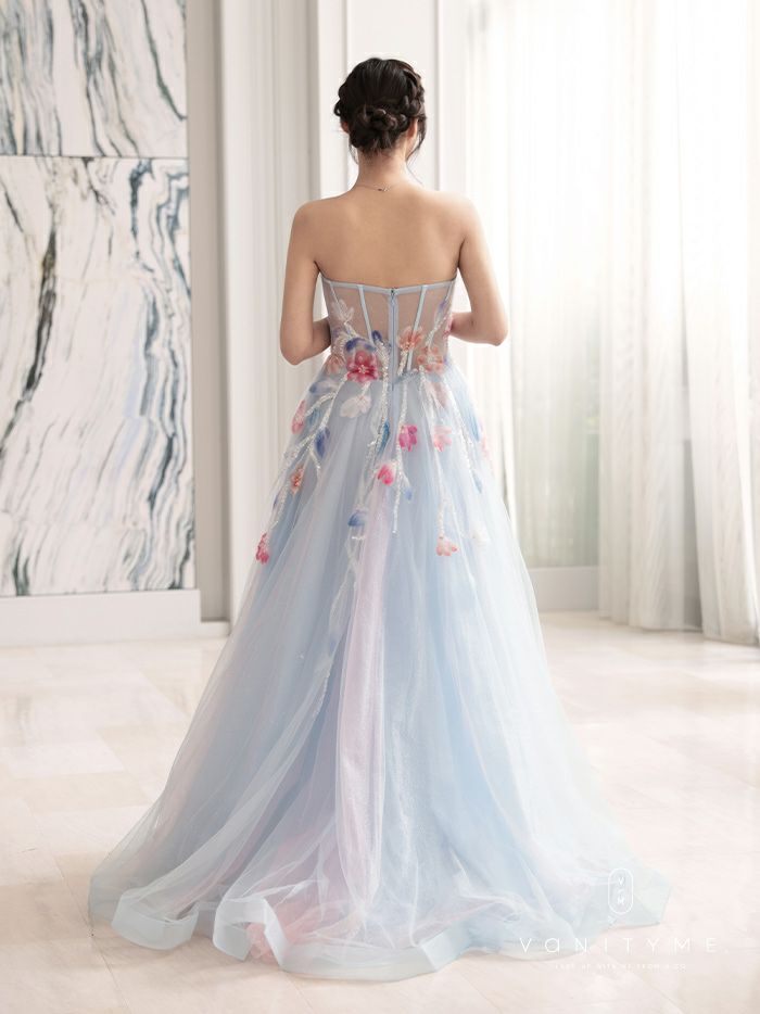 vanityME.couture. バニティミークチュール water color flower ウォーターカラーフラワー 花柄 チュール プリンセス 姫 ロングドレス バースデードレス ライトブルー vctr-l-a1383-1