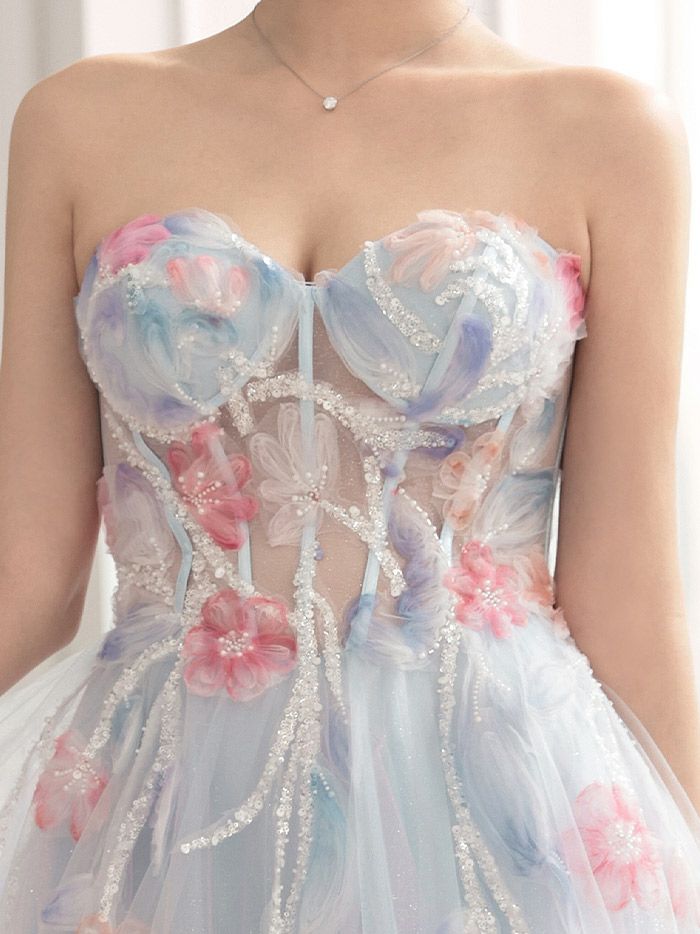 vanityME.couture. バニティミークチュール water color flower ウォーターカラーフラワー 花柄 チュール プリンセス 姫 ロングドレス バースデードレス ライトブルー vctr-l-a1383-1