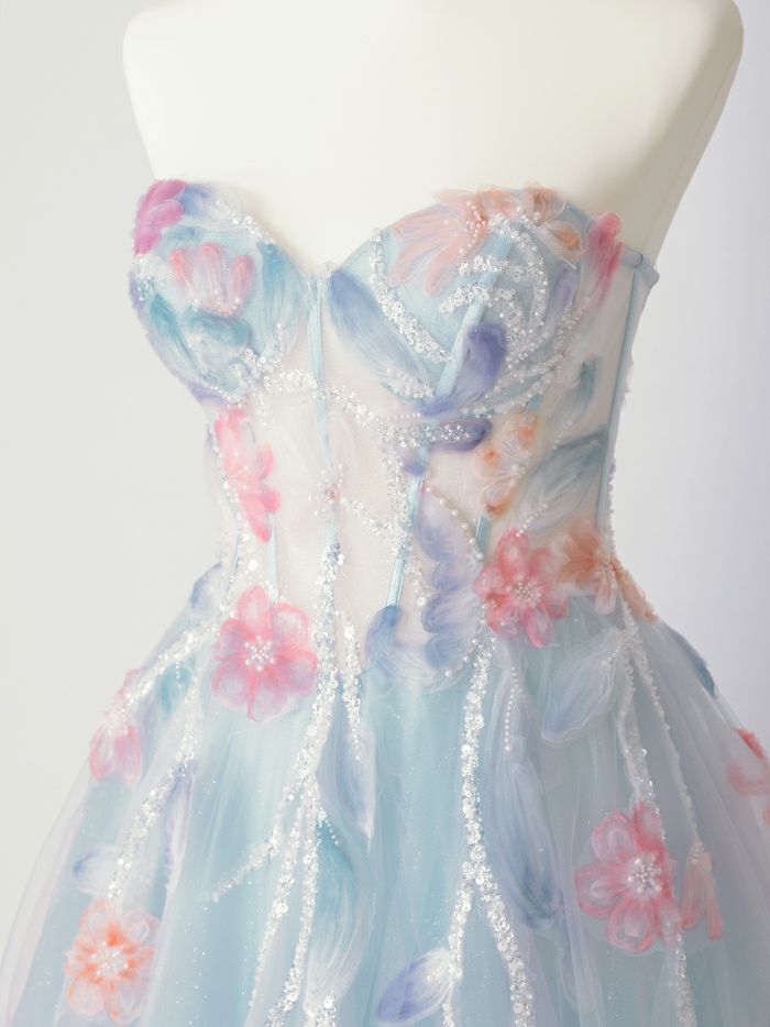 vanityME.couture. バニティミークチュール water color flower ウォーターカラーフラワー 花柄 チュール プリンセス 姫 ロングドレス バースデードレス ライトブルー vctr-l-a1383-1