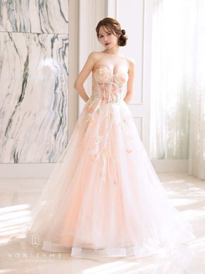 vanityME.couture. バニティミークチュール water color flower ウォーターカラーフラワー 花柄 チュール プリンセス 姫 ロングドレス バースデードレス ピーチ vctr-l-a1383-2
