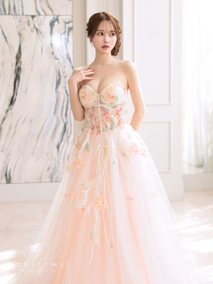 vanityME.couture. バニティミークチュール water color flower ウォーターカラーフラワー 花柄 チュール プリンセス 姫 ロングドレス バースデードレス ピーチ vctr-l-a1383-2