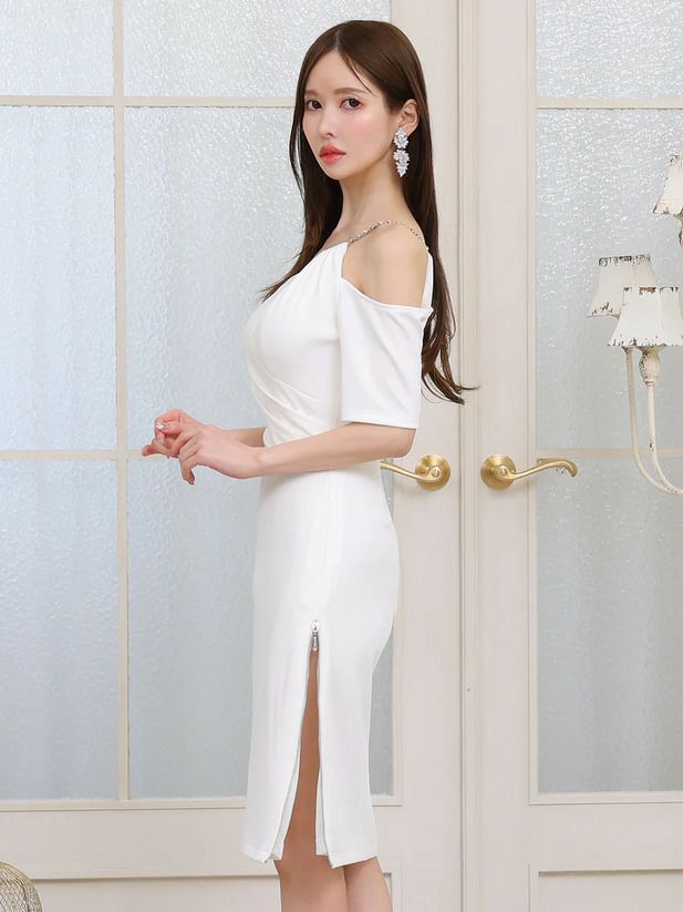 Veautt ヴュート ワンショルダーアシンメトリーバストカットショートスリーブタイトミディアムドレス vt032504-ks