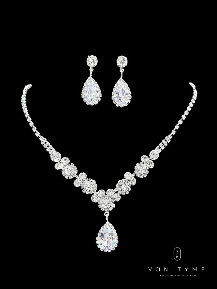 クリアストーンビッグビジュー ネックレス＆ピアス シルバー ジュエリー vcsit-25026