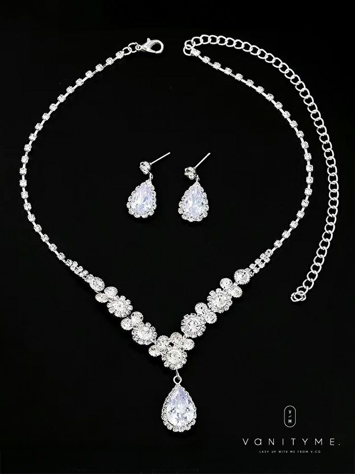 クリアストーンビッグビジュー ネックレス＆ピアス シルバー ジュエリー vcsit-25026