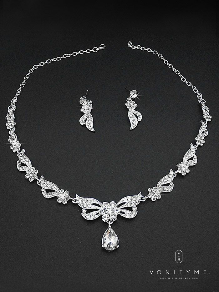 フラワーモチーフビジュー×フェザーデザイン ネックレス＆ピアス シルバー ジュエリー vcsit-25031