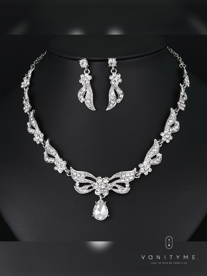 フラワーモチーフビジュー×フェザーデザイン ネックレス＆ピアス シルバー ジュエリー vcsit-25031