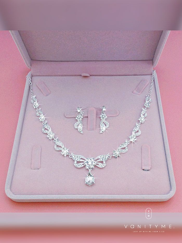 フラワーモチーフビジュー×フェザーデザイン ネックレス＆ピアス シルバー ジュエリー vcsit-25031