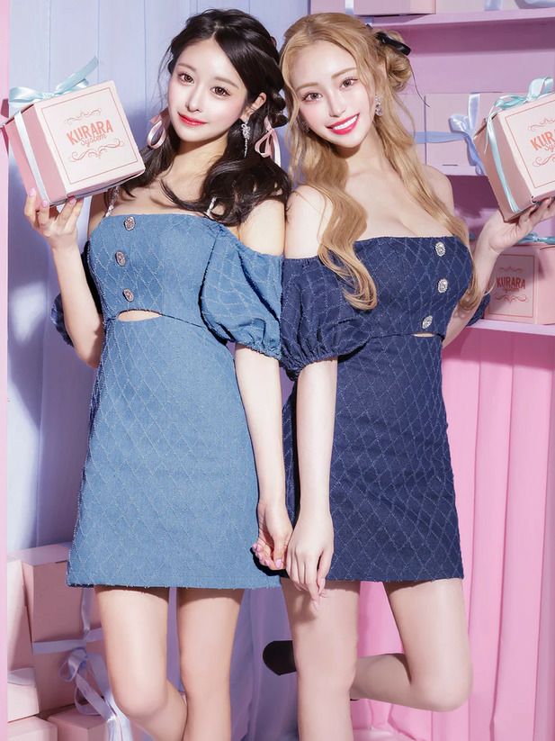 AngelR エンジェルアール デニムデザインオフショルダーパフスリーブウエストカットボタンチェーンショルダーマイクロミニドレス [ブルー/ネイビー] ar25825