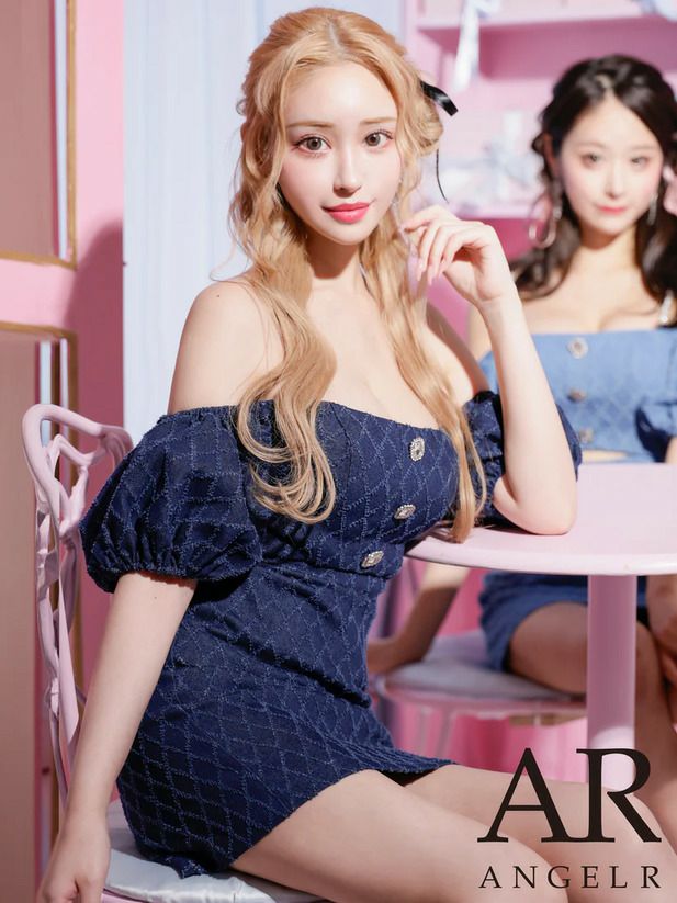 AngelR エンジェルアール デニムデザインオフショルダーパフスリーブウエストカットボタンチェーンショルダーマイクロミニドレス [ブルー/ネイビー] ar25825