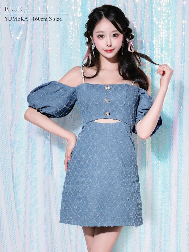AngelR エンジェルアール デニムデザインオフショルダーパフスリーブウエストカットボタンチェーンショルダーマイクロミニドレス [ブルー/ネイビー] ar25825