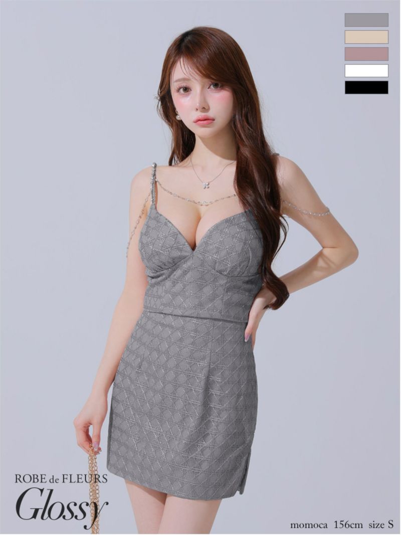 Glossy ローブドフルールグロッシー チェーン付きラメツイルセットアップタイトミニキャバドレス gl3916-c