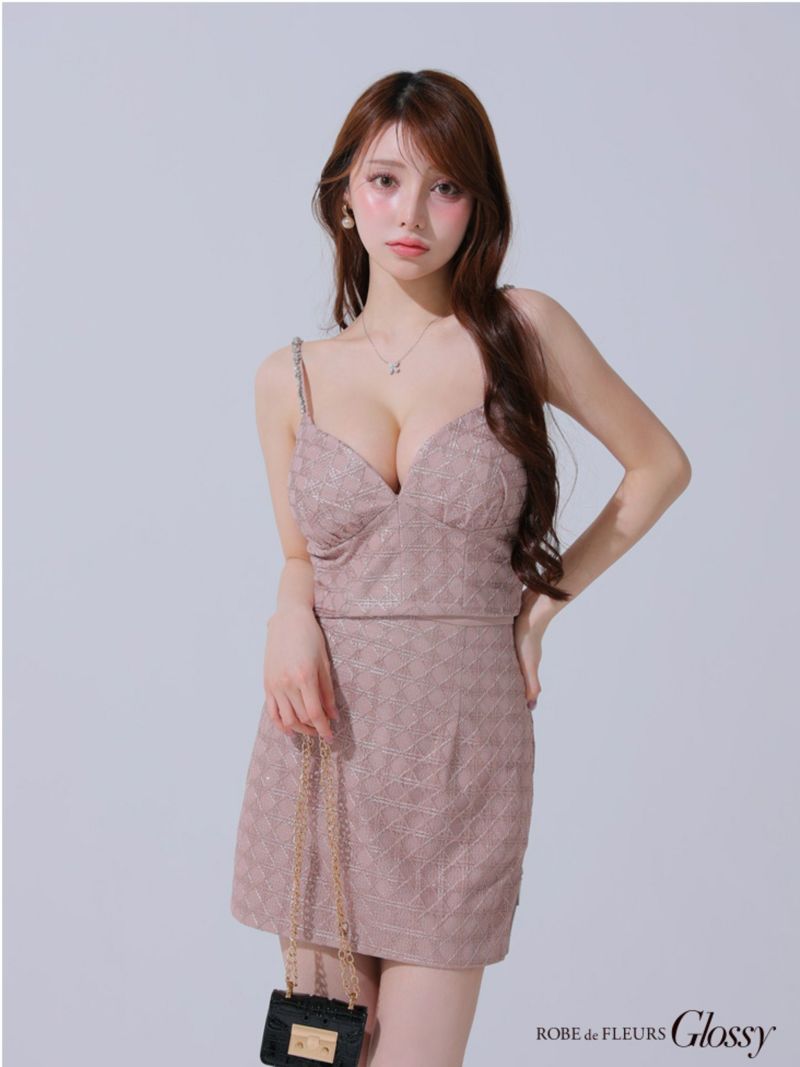 Glossy ローブドフルールグロッシー チェーン付きラメツイルセットアップタイトミニキャバドレス gl3916-c