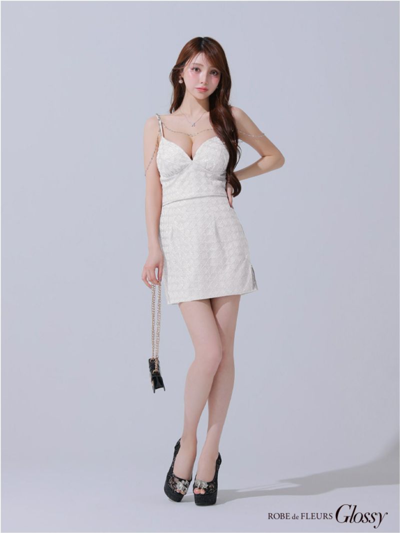 Glossy ローブドフルールグロッシー チェーン付きラメツイルセットアップタイトミニキャバドレス gl3916-c