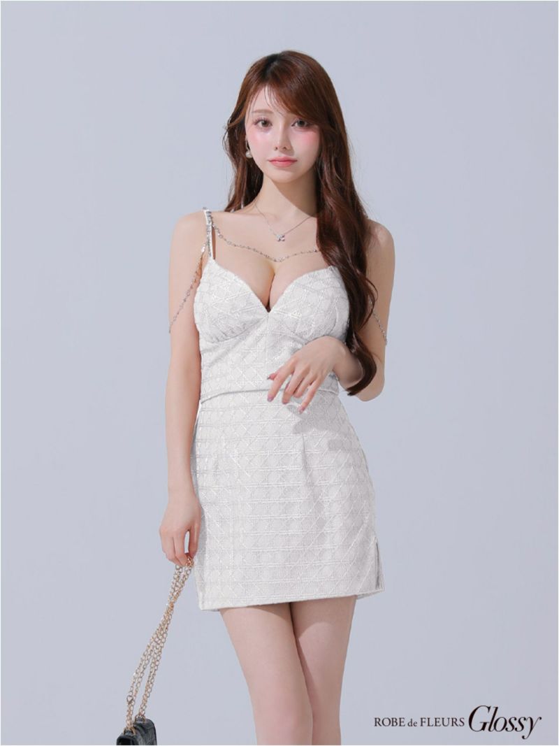 Glossy ローブドフルールグロッシー チェーン付きラメツイルセットアップタイトミニキャバドレス gl3916-c