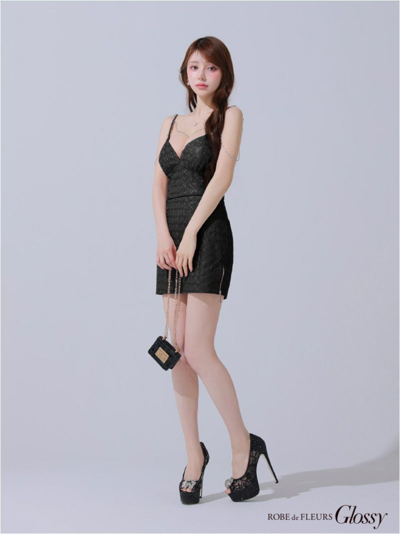 Glossy ローブドフルールグロッシー チェーン付きラメツイルセットアップタイトミニキャバドレス gl3916-c