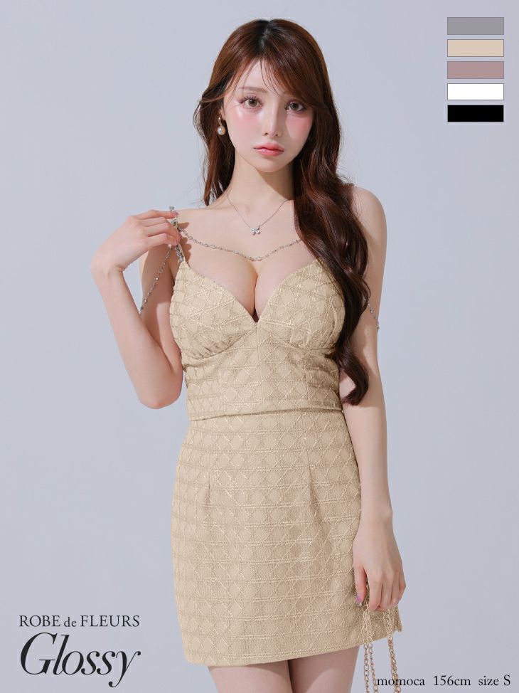 Glossy ローブドフルールグロッシー チェーン付きラメツイルセットアップタイトミニキャバドレス gl3916