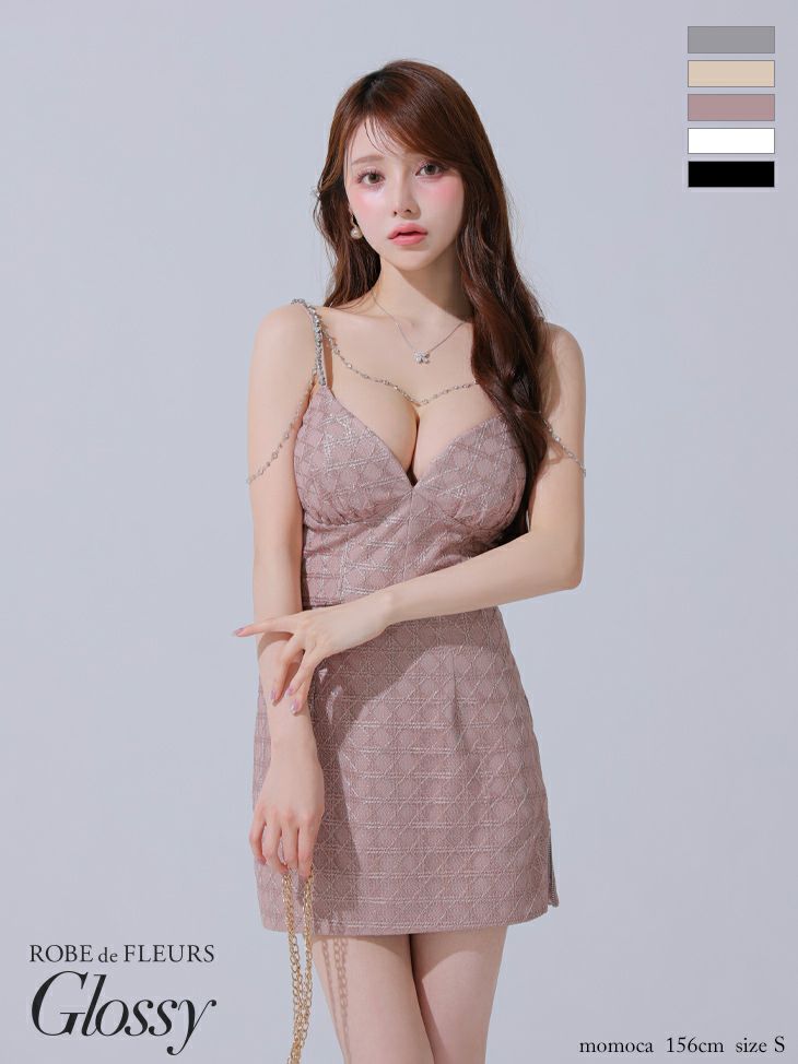 Glossy ローブドフルールグロッシー チェーン付きラメツイルセットアップタイトミニキャバドレス gl3916