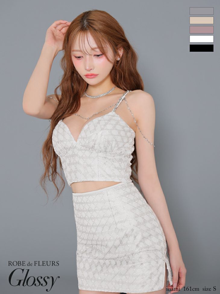 Glossy ローブドフルールグロッシー チェーン付きラメツイルセットアップタイトミニキャバドレス gl3916