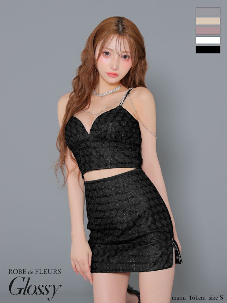 Glossy ローブドフルールグロッシー チェーン付きラメツイルセットアップタイトミニキャバドレス gl3916