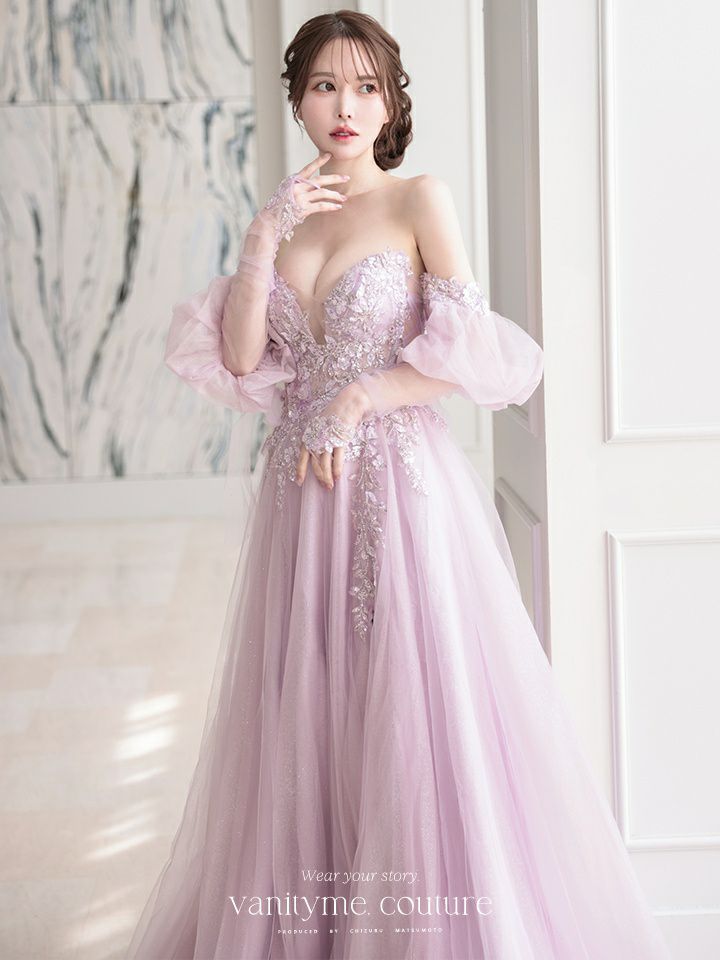 vanityME.couture. バニティミークチュール ロングスリーブ オフショル スパンコール刺繍 スリット入り プリンセス 姫 ロングドレス バースデードレス ラベンダー 【袖取り外し可能】 vctr-l-2432-3