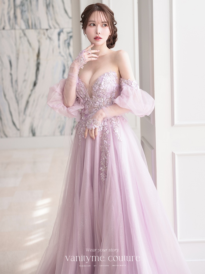 vanityME.couture. バニティミークチュール ロングスリーブ オフショル スパンコール刺繍 スリット入り プリンセス 姫 ロングドレス バースデードレス ラベンダー 【袖取り外し可能】 vctr-l-2432-3