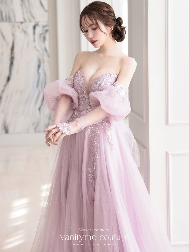 vanityME.couture. バニティミークチュール ロングスリーブ オフショル スパンコール刺繍 スリット入り プリンセス 姫 ロングドレス バースデードレス ラベンダー 【袖取り外し可能】 vctr-l-2432-3