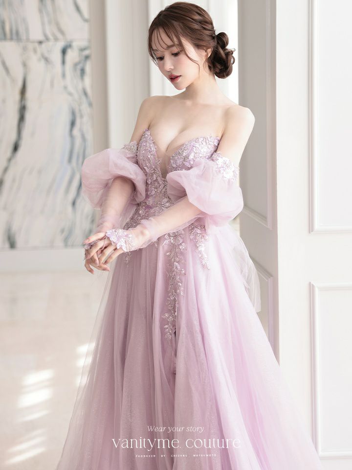 vanityME.couture. バニティミークチュール ロングスリーブ オフショル スパンコール刺繍 スリット入り プリンセス 姫 ロングドレス バースデードレス ラベンダー 【袖取り外し可能】 vctr-l-2432-3
