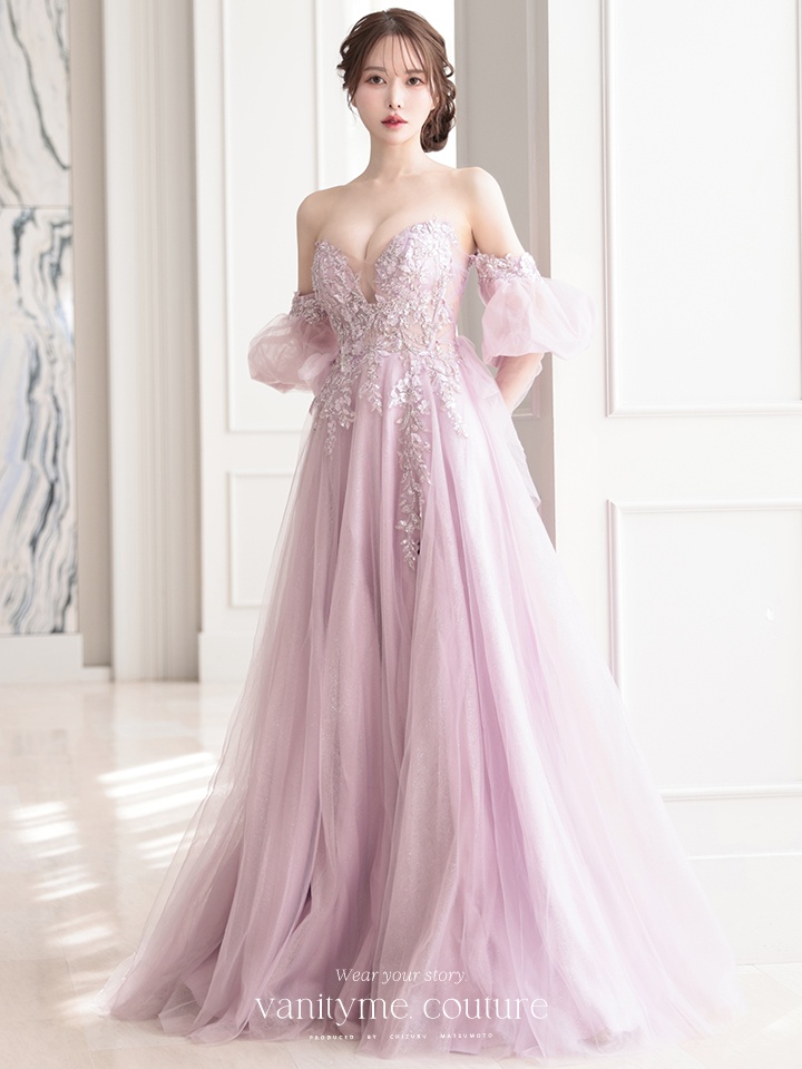 vanityME.couture. バニティミークチュール ロングスリーブ オフショル スパンコール刺繍 スリット入り プリンセス 姫 ロングドレス バースデードレス ラベンダー 【袖取り外し可能】 vctr-l-2432-3
