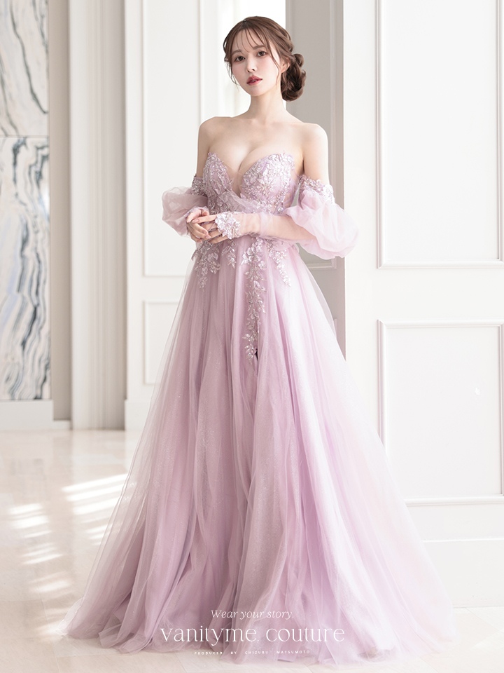 vanityME.couture. バニティミークチュール ロングスリーブ オフショル スパンコール刺繍 スリット入り プリンセス 姫 ロングドレス バースデードレス ラベンダー 【袖取り外し可能】 vctr-l-2432-3