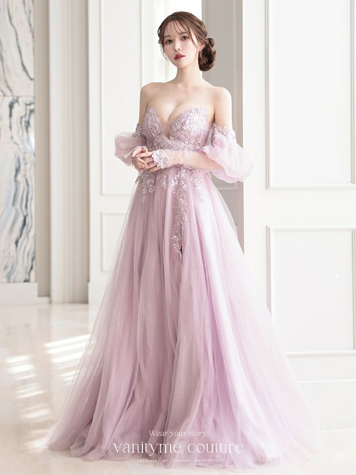 vanityME.couture. バニティミークチュール ロングスリーブ オフショル スパンコール刺繍 スリット入り プリンセス 姫 ロングドレス バースデードレス ラベンダー 【袖取り外し可能】 vctr-l-2432-3